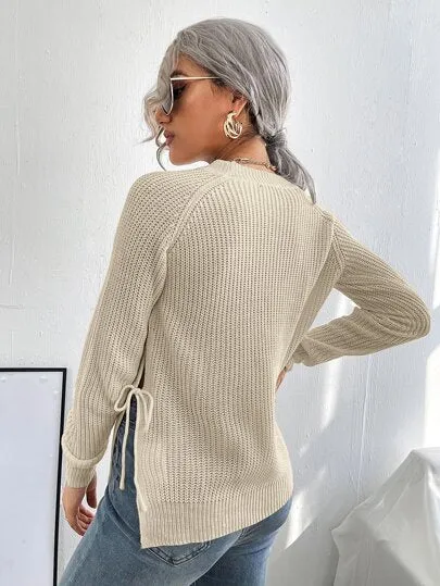 Split Knot Side Raglan Sleeve Sweater – Long Sleeve Casual Top