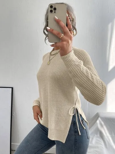 Split Knot Side Raglan Sleeve Sweater – Long Sleeve Casual Top