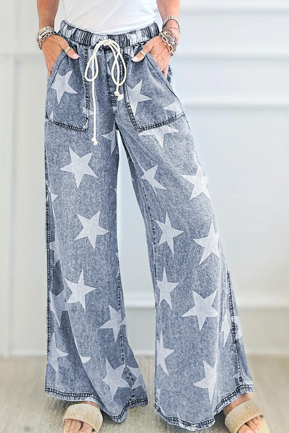 Star Print Light Wash Drawstring High Waist Wide Leg Jeans