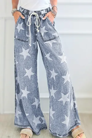 Star Print Light Wash Drawstring High Waist Wide Leg Jeans