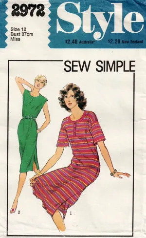 Style 2972 Womens Stretch T Shirt Dress with Tab Neckline 1980s Vintage Sewing Pattern Size 12 Bust 34 Inches