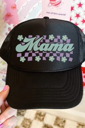 Teal Checkered Daisy Mama Otto Black Foam Front Trucker Hat