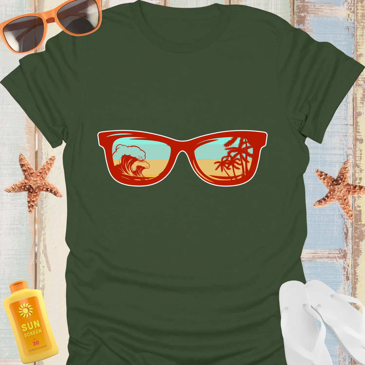 Tropical Surf Lifestyle T-Shirt With Sunglasses Design