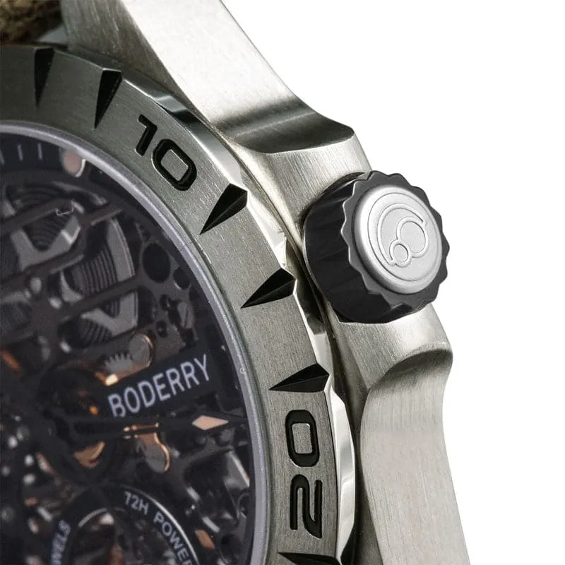 URBAN SKELETON(TITANIUM)- 3-Hand Hi-beat(28,800 bph) with 72 hrs Power-reserve Automatic Titanium Watch | Olivegreen Leather Strap