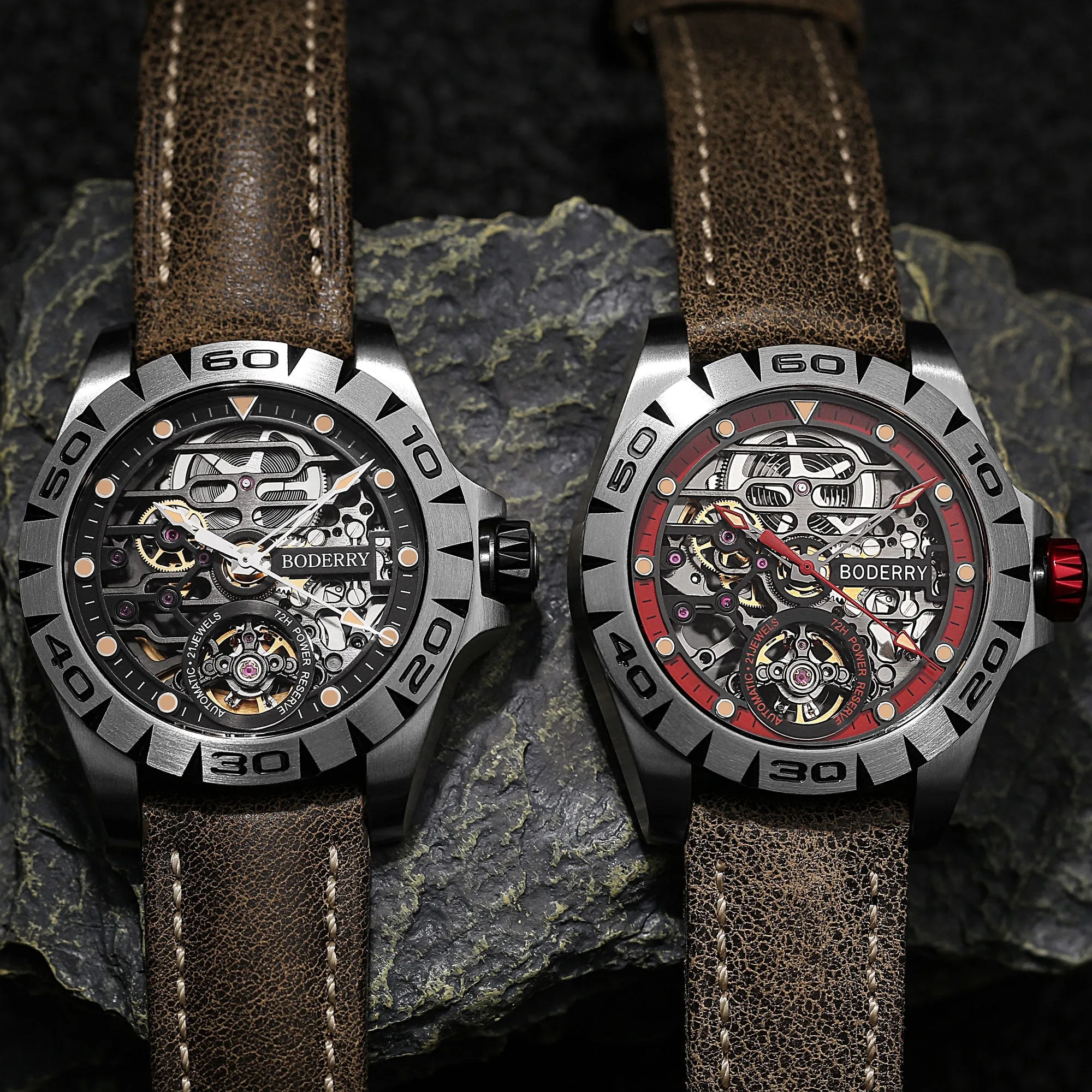 URBAN SKELETON(TITANIUM)- 3-Hand Hi-beat(28,800 bph) with 72 hrs Power-reserve Automatic Titanium Watch | Olivegreen Leather Strap