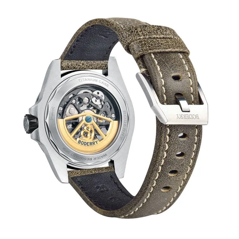 URBAN SKELETON(TITANIUM)- 3-Hand Hi-beat(28,800 bph) with 72 hrs Power-reserve Automatic Titanium Watch | Olivegreen Leather Strap