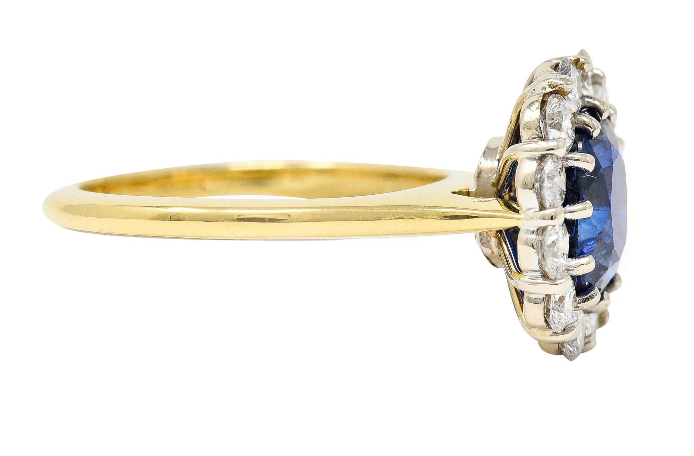 Vintage 3.25 CTW Cushion Cut Sapphire Diamond 18 Karat Two-Tone Vintage Halo Ring GIA
