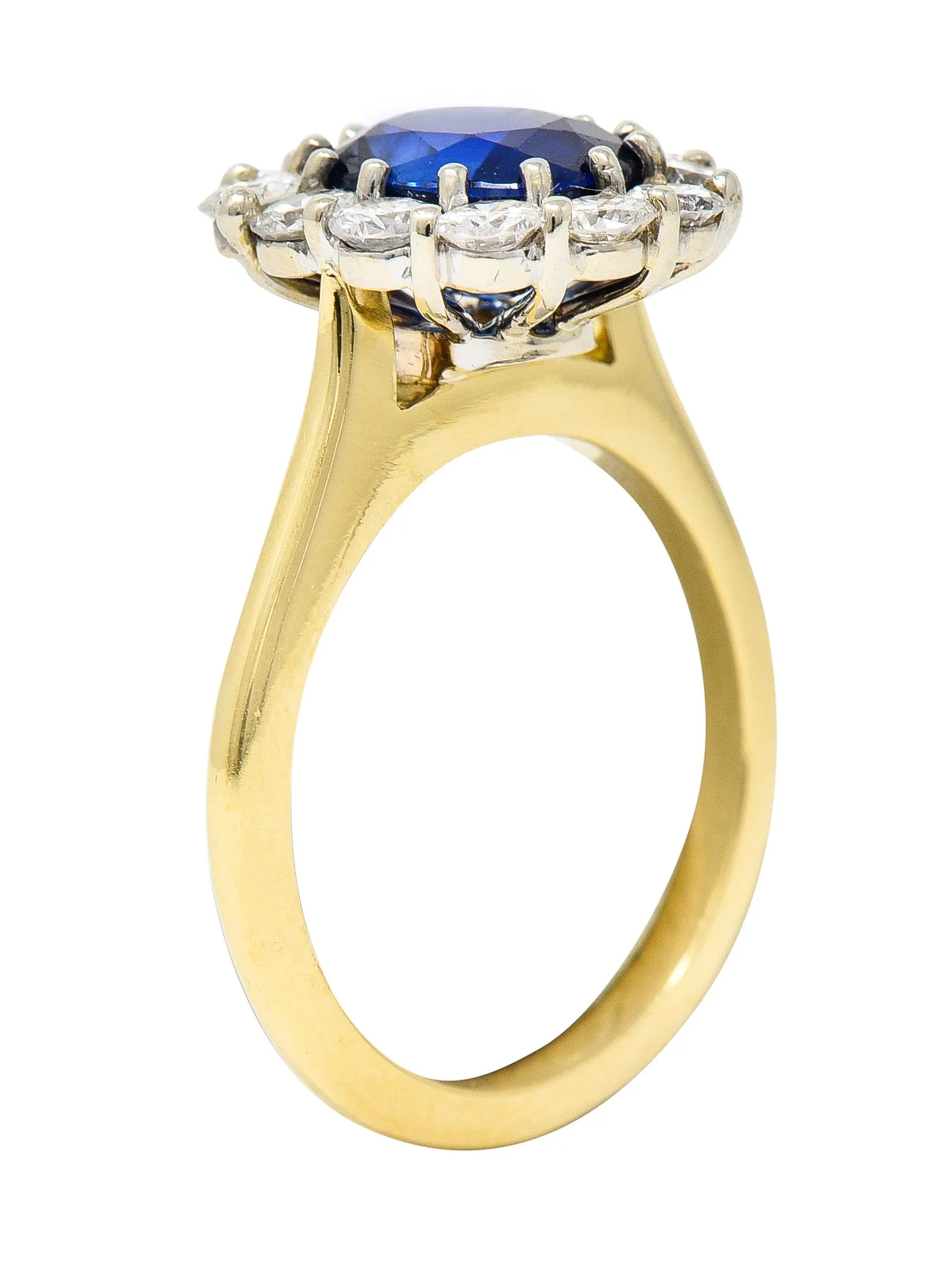 Vintage 3.25 CTW Cushion Cut Sapphire Diamond 18 Karat Two-Tone Vintage Halo Ring GIA