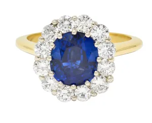 Vintage 3.25 CTW Cushion Cut Sapphire Diamond 18 Karat Two-Tone Vintage Halo Ring GIA