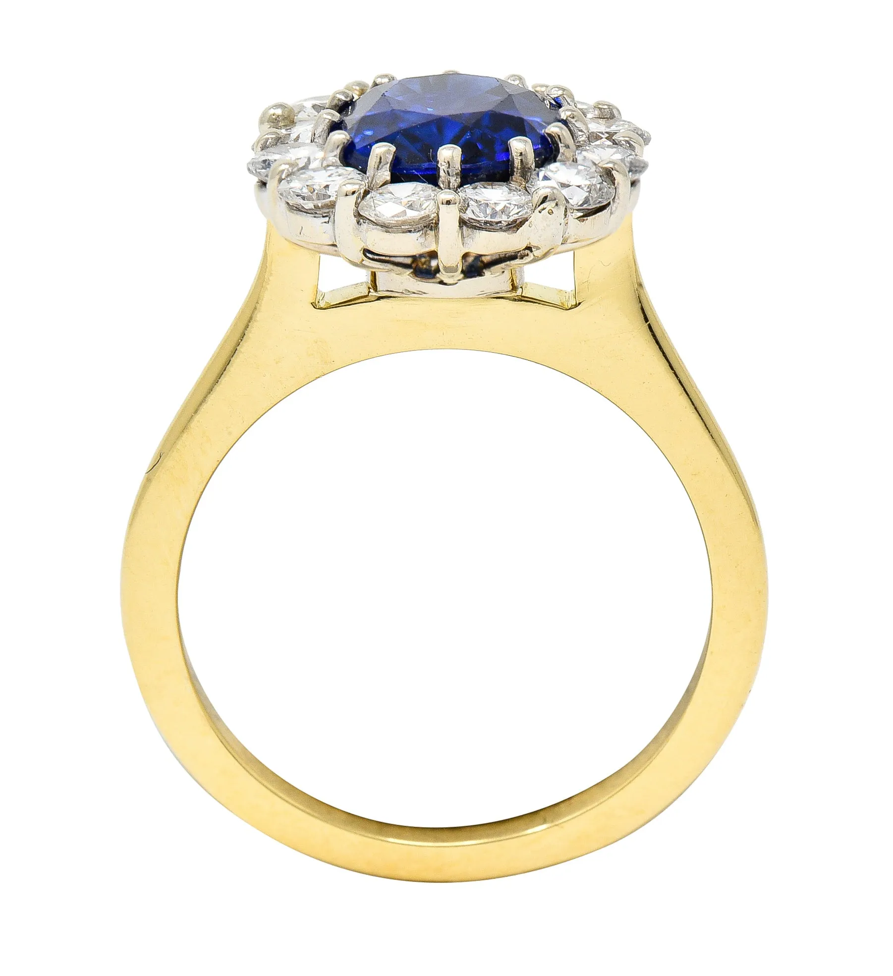 Vintage 3.25 CTW Cushion Cut Sapphire Diamond 18 Karat Two-Tone Vintage Halo Ring GIA