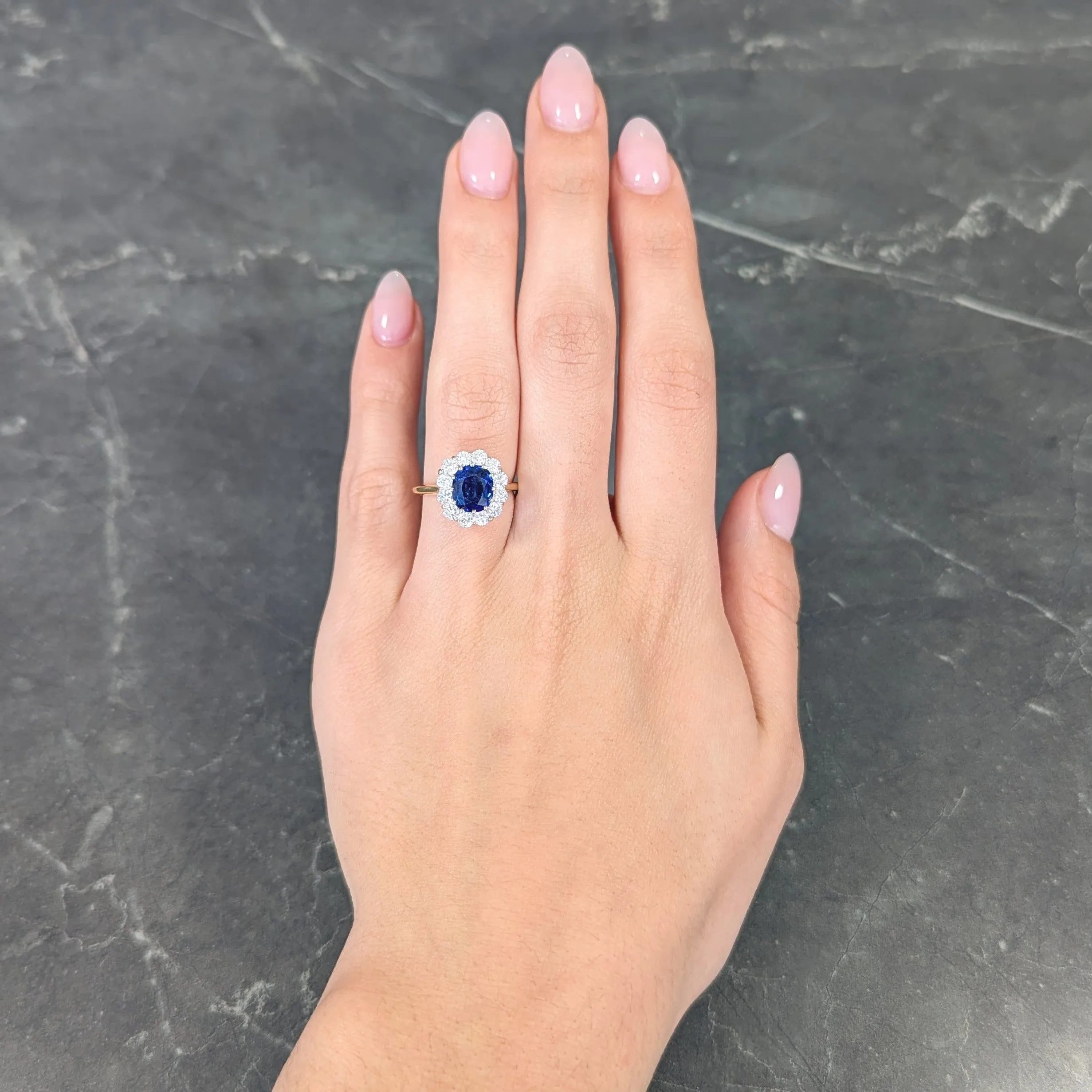 Vintage 3.25 CTW Cushion Cut Sapphire Diamond 18 Karat Two-Tone Vintage Halo Ring GIA