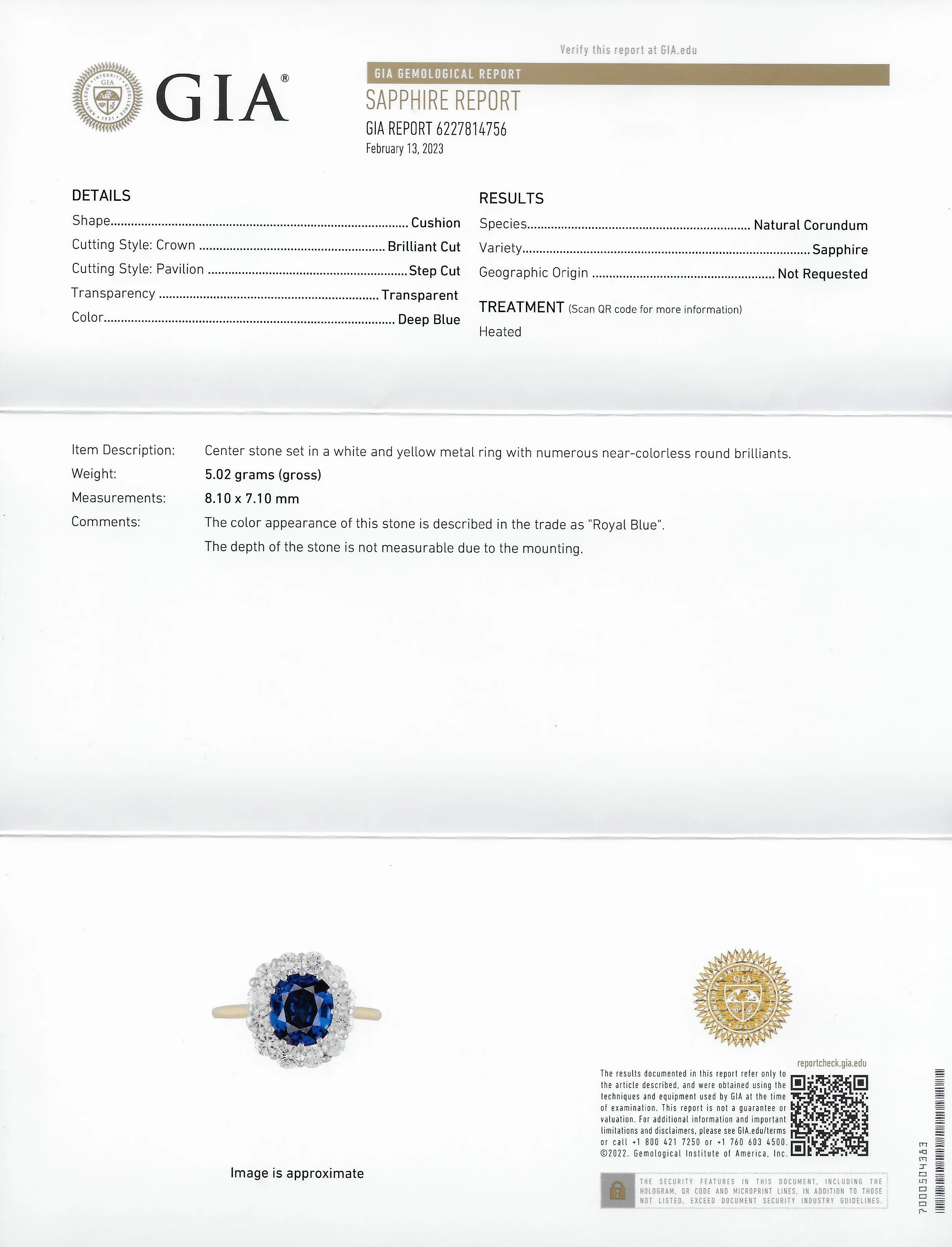 Vintage 3.25 CTW Cushion Cut Sapphire Diamond 18 Karat Two-Tone Vintage Halo Ring GIA