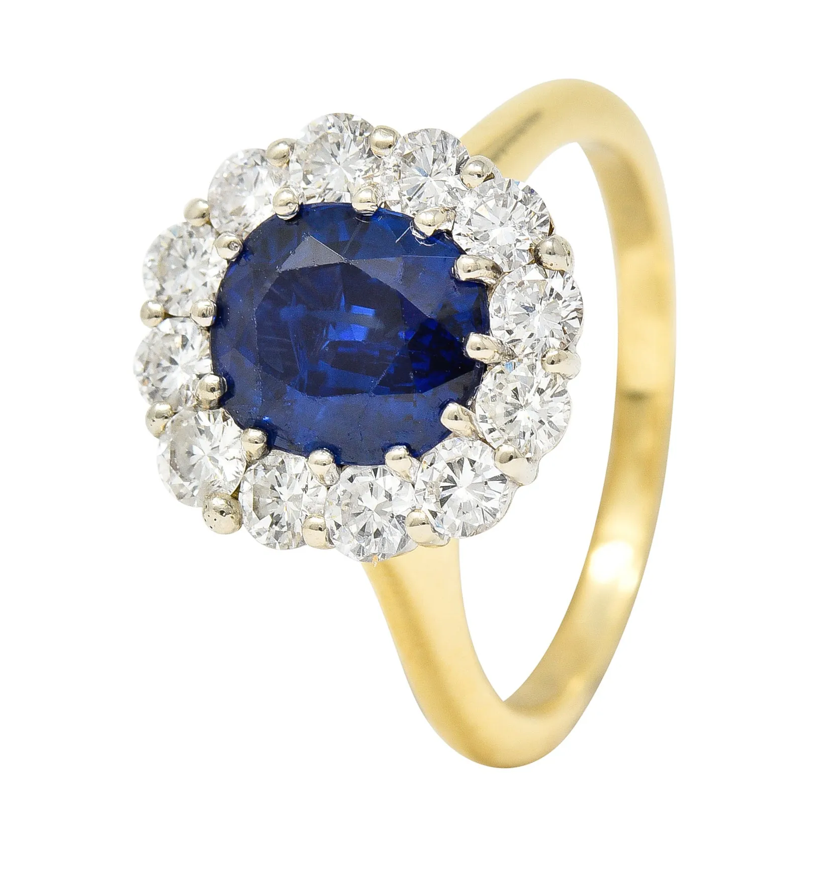 Vintage 3.25 CTW Cushion Cut Sapphire Diamond 18 Karat Two-Tone Vintage Halo Ring GIA