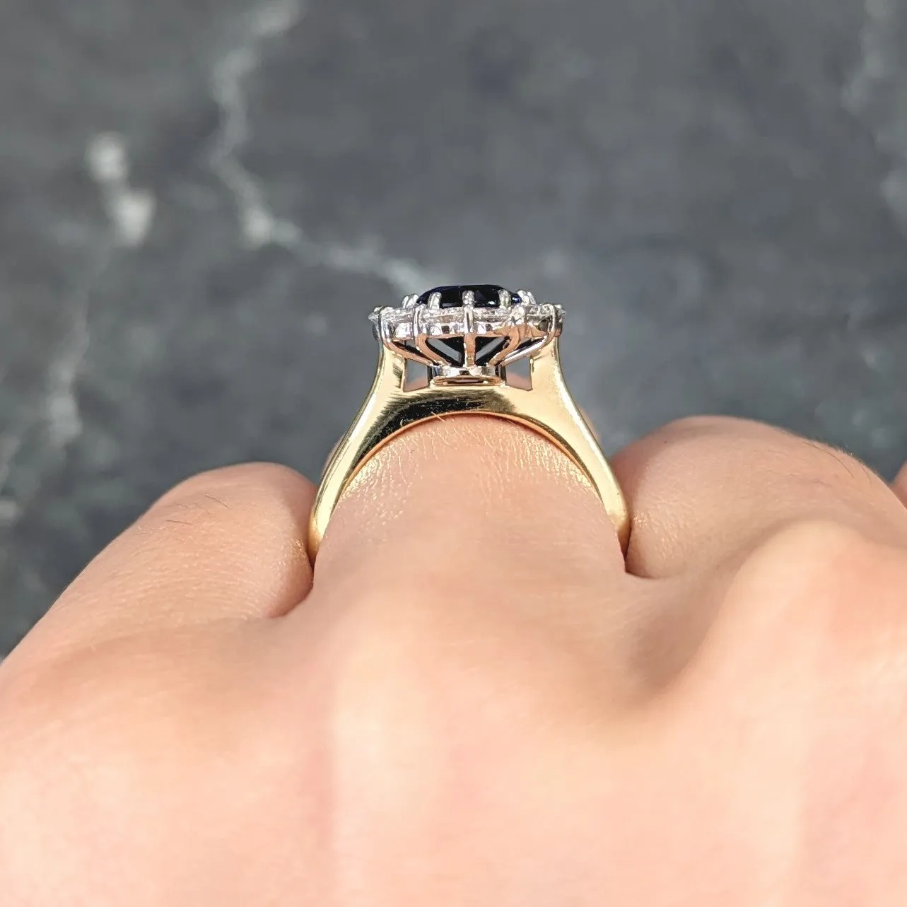 Vintage 3.25 CTW Cushion Cut Sapphire Diamond 18 Karat Two-Tone Vintage Halo Ring GIA