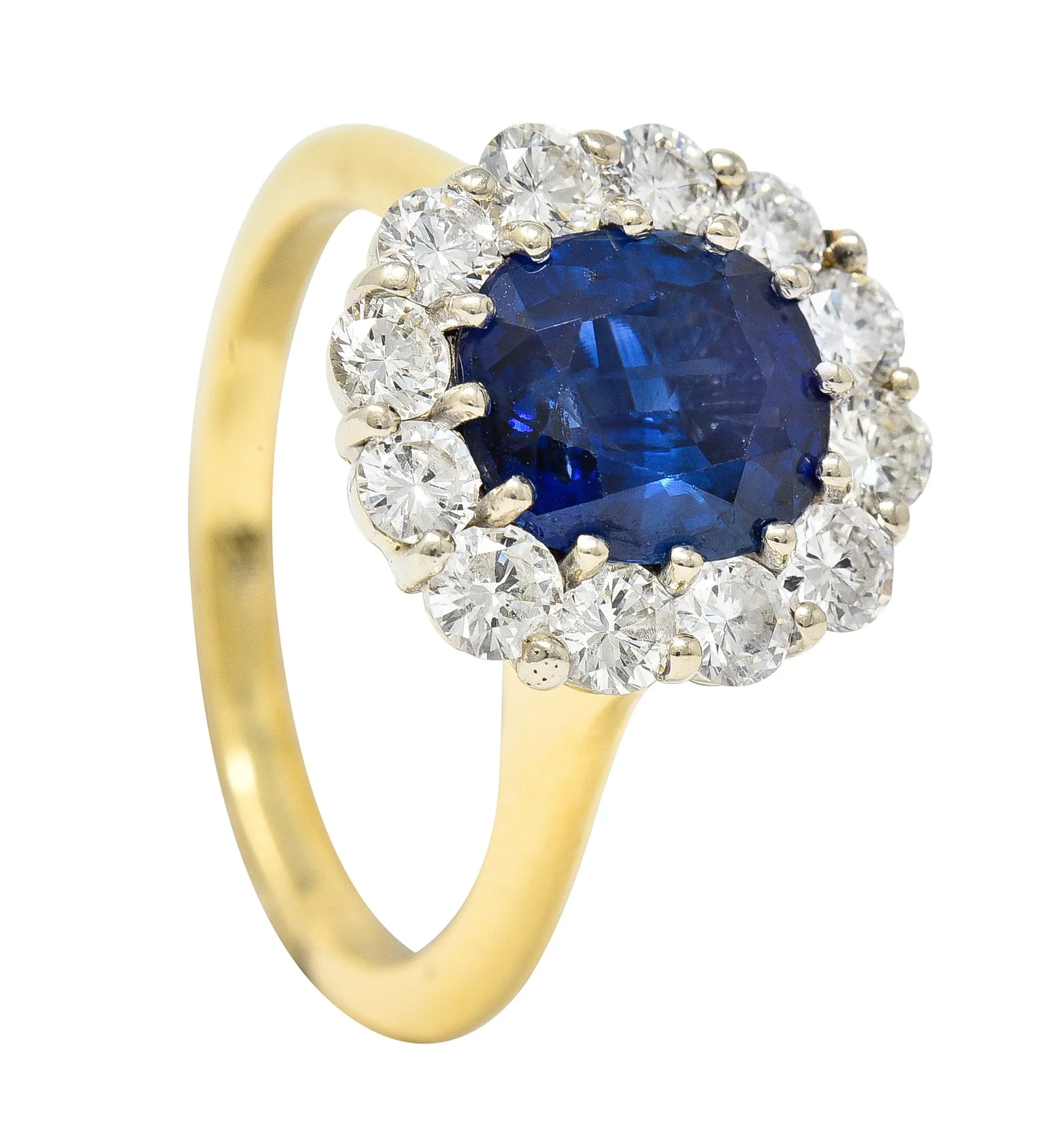 Vintage 3.25 CTW Cushion Cut Sapphire Diamond 18 Karat Two-Tone Vintage Halo Ring GIA