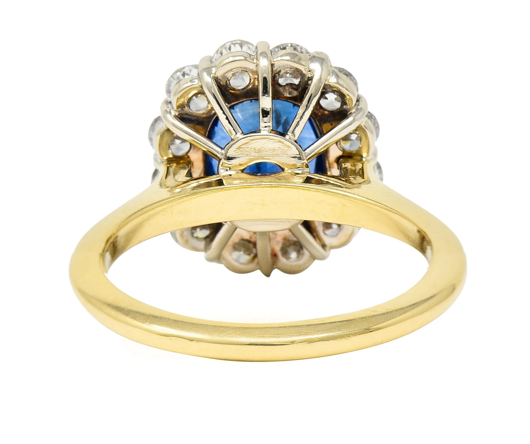 Vintage 3.25 CTW Cushion Cut Sapphire Diamond 18 Karat Two-Tone Vintage Halo Ring GIA