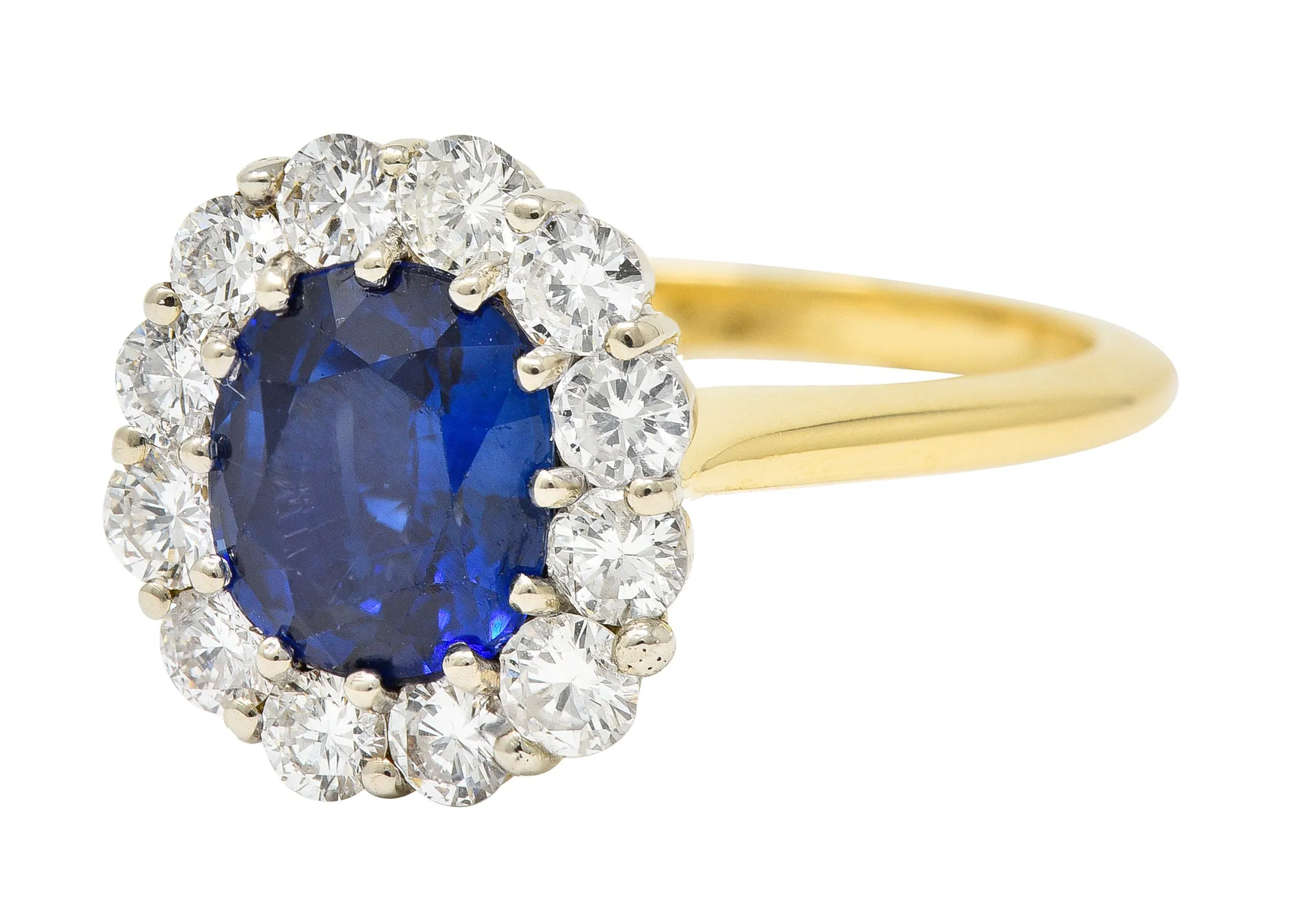 Vintage 3.25 CTW Cushion Cut Sapphire Diamond 18 Karat Two-Tone Vintage Halo Ring GIA