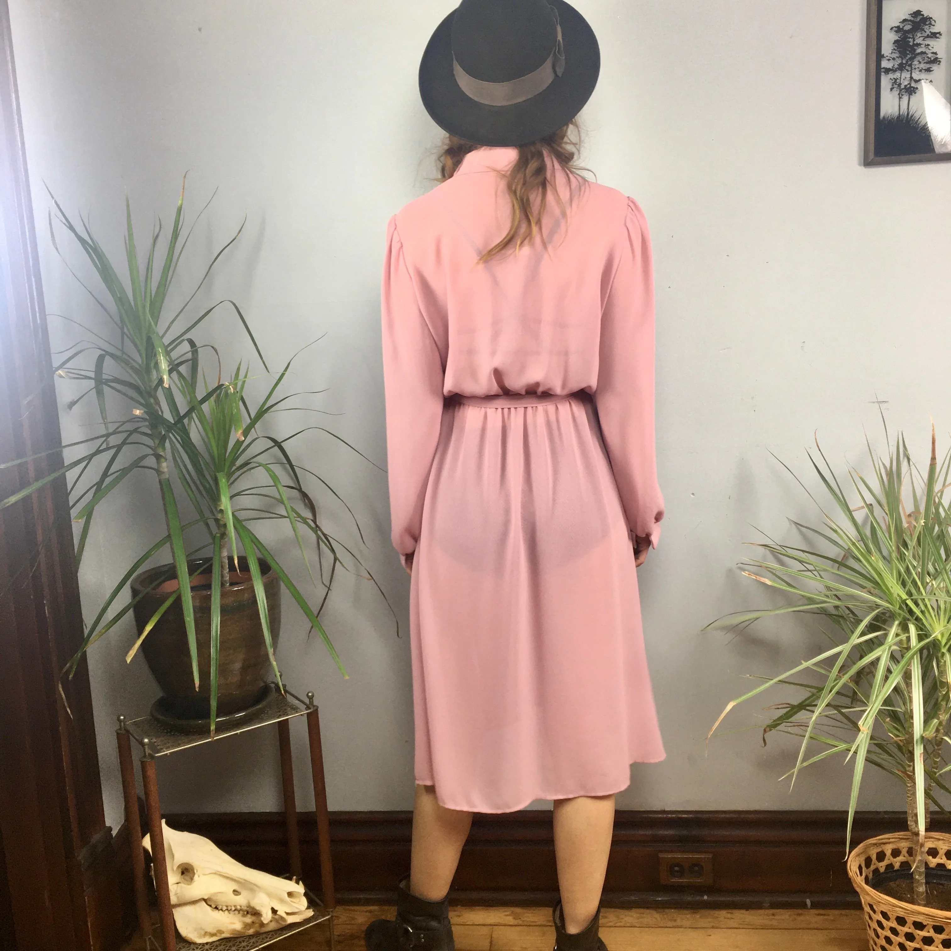 Vintage 70s 80s Byer Too! Semi Sheer Blush long sleeve dress // Size 11