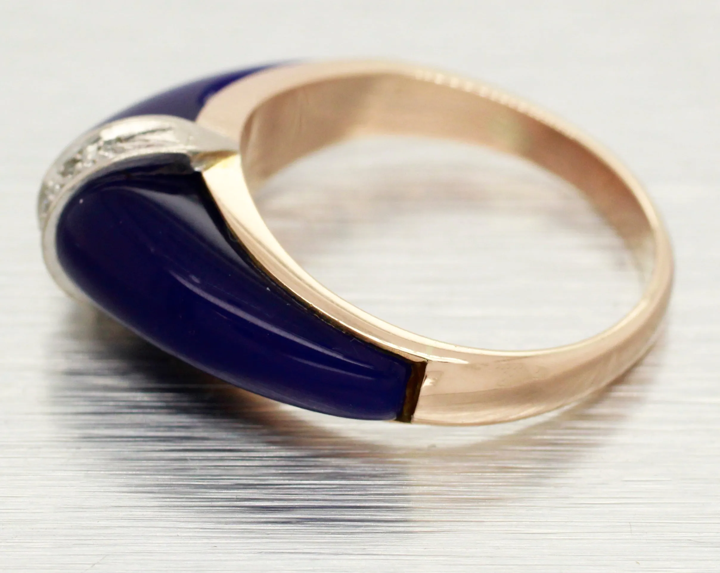 Vintage Blue Lapis Lazuli and Diamond Band Ring - 14k Yellow Gold - Size 6.25