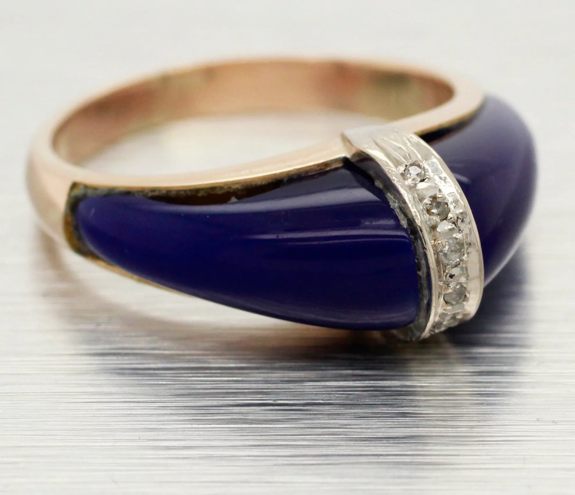 Vintage Blue Lapis Lazuli and Diamond Band Ring - 14k Yellow Gold - Size 6.25