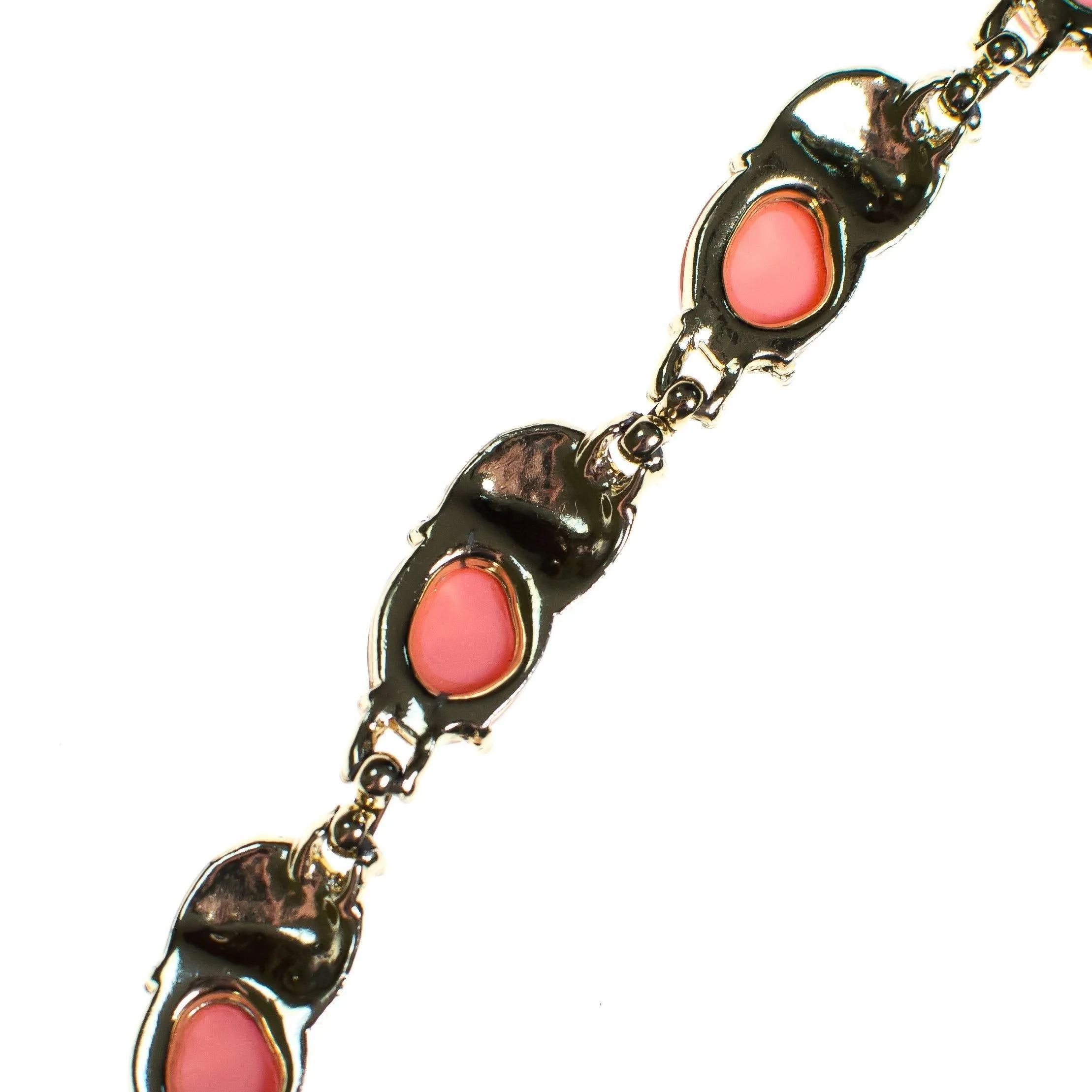 Vintage Blush Pink Lucite Thermoset Necklace, Gold Tone Setting, Fish Hook Clasp
