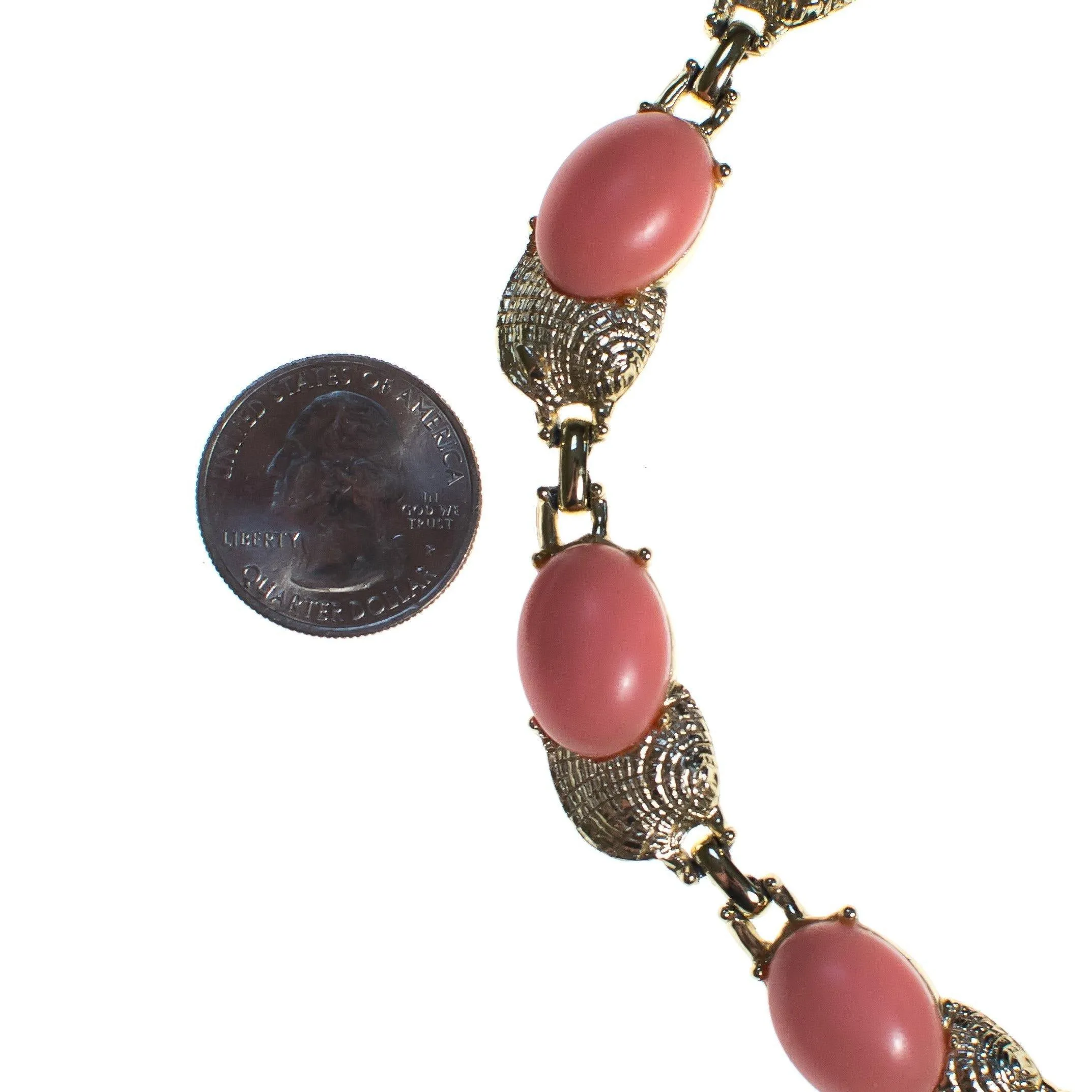 Vintage Blush Pink Lucite Thermoset Necklace, Gold Tone Setting, Fish Hook Clasp