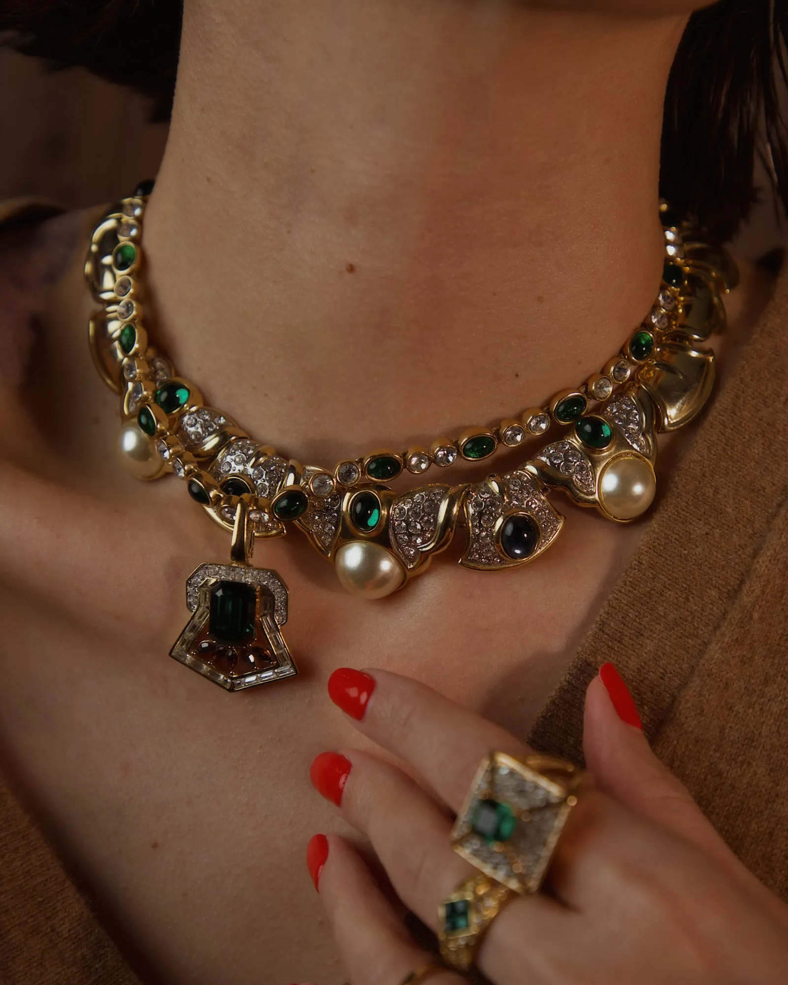 Vintage Cabouchon & Crystal Tennis Necklace