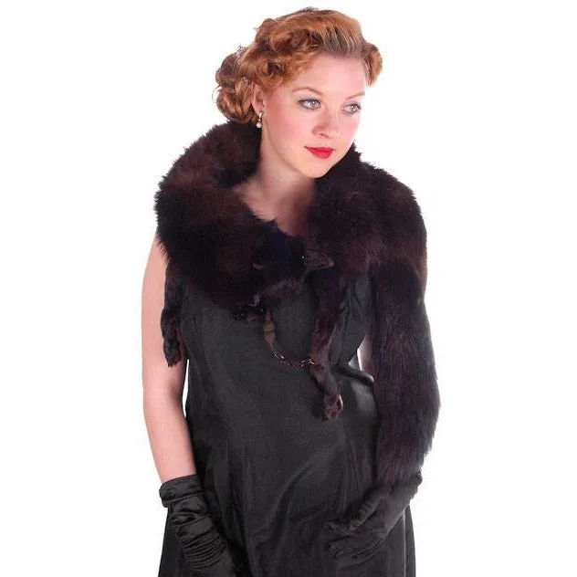 Vintage Dark Brown Full Fox Fur  Wrap/Scarf  1930S Celluloid Clip