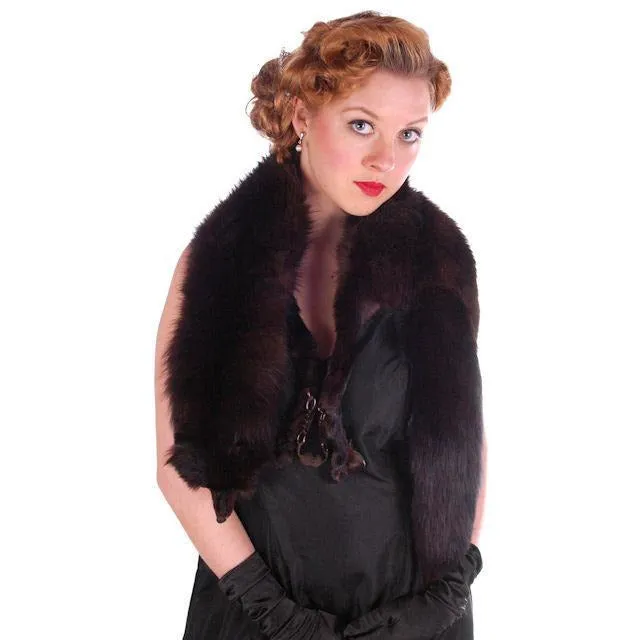 Vintage Dark Brown Full Fox Fur  Wrap/Scarf  1930S Celluloid Clip