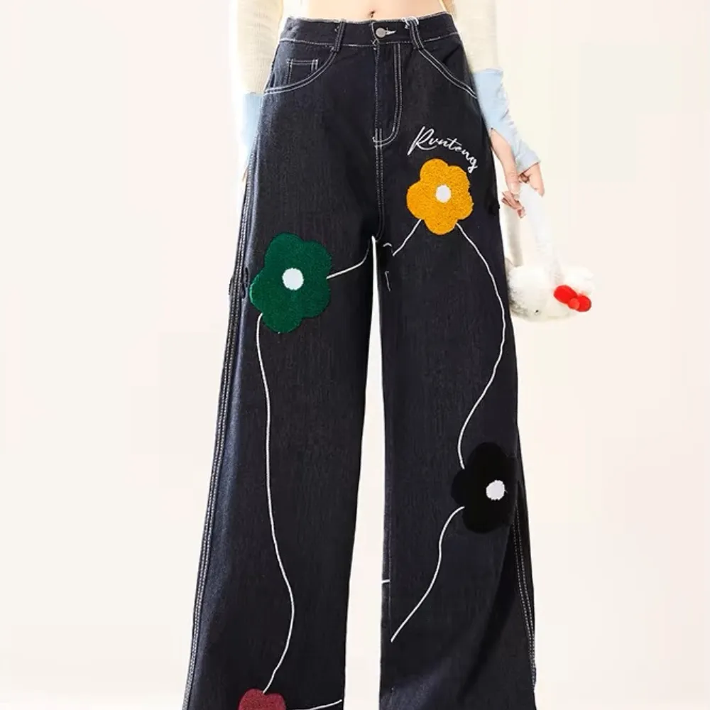 Vintage Floral Embroidery Washed Straight Leg Jeans