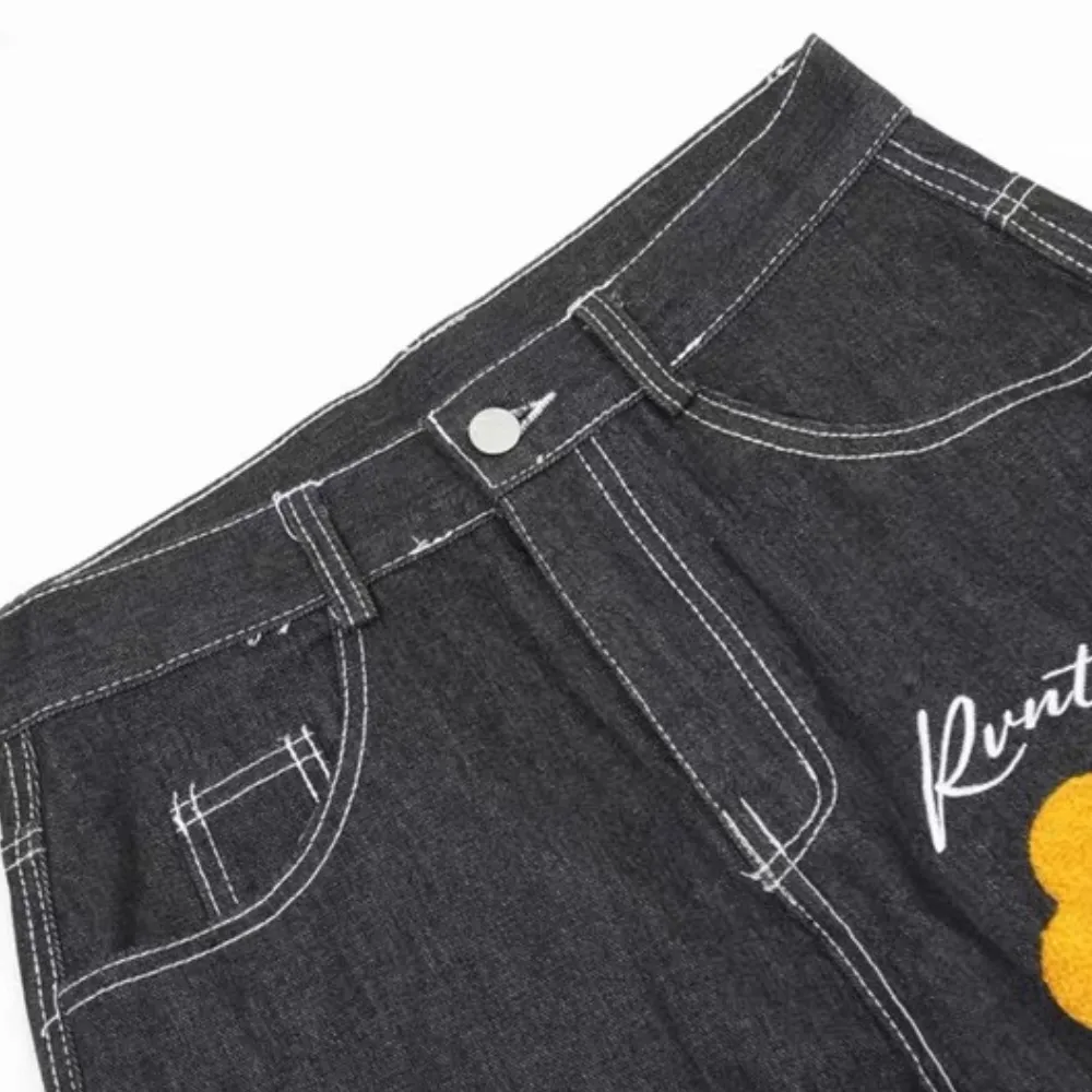 Vintage Floral Embroidery Washed Straight Leg Jeans