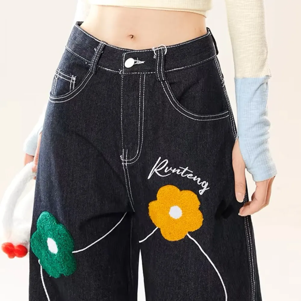 Vintage Floral Embroidery Washed Straight Leg Jeans