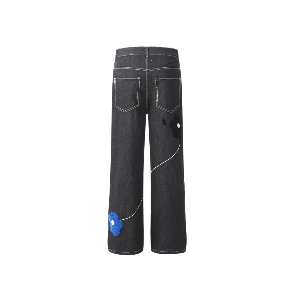 Vintage Floral Embroidery Washed Straight Leg Jeans