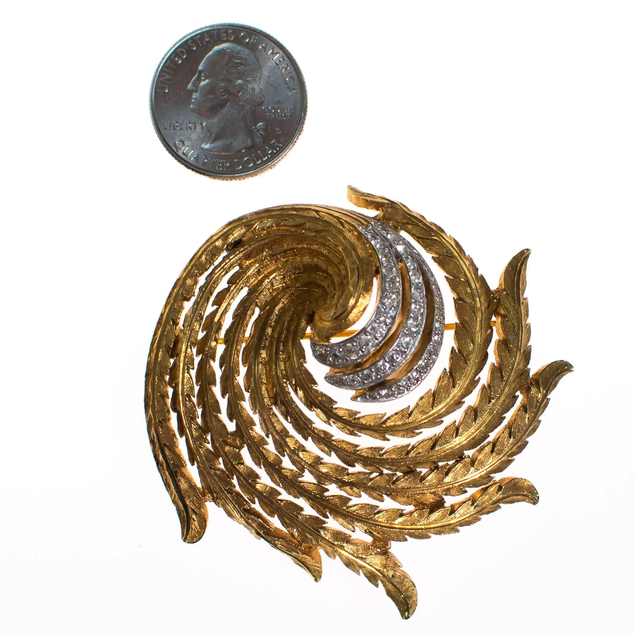 Vintage Gold Tone Swirl Design Brooch with Rhinestones