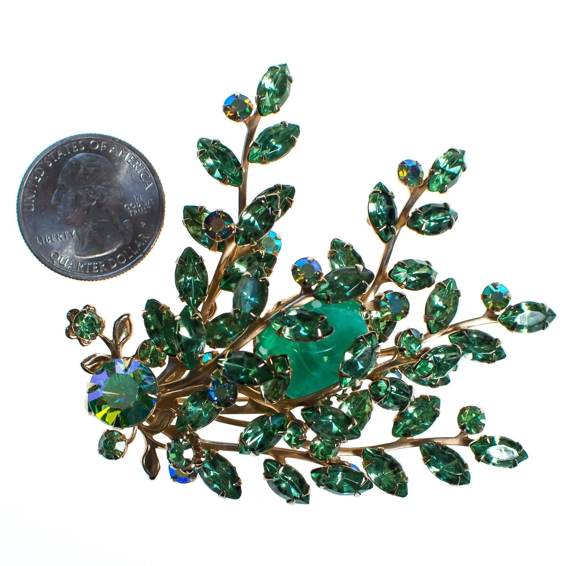 Vintage Light Green Rhinestone and Molted Green Art Glass Cabochon Spray Style Brooch