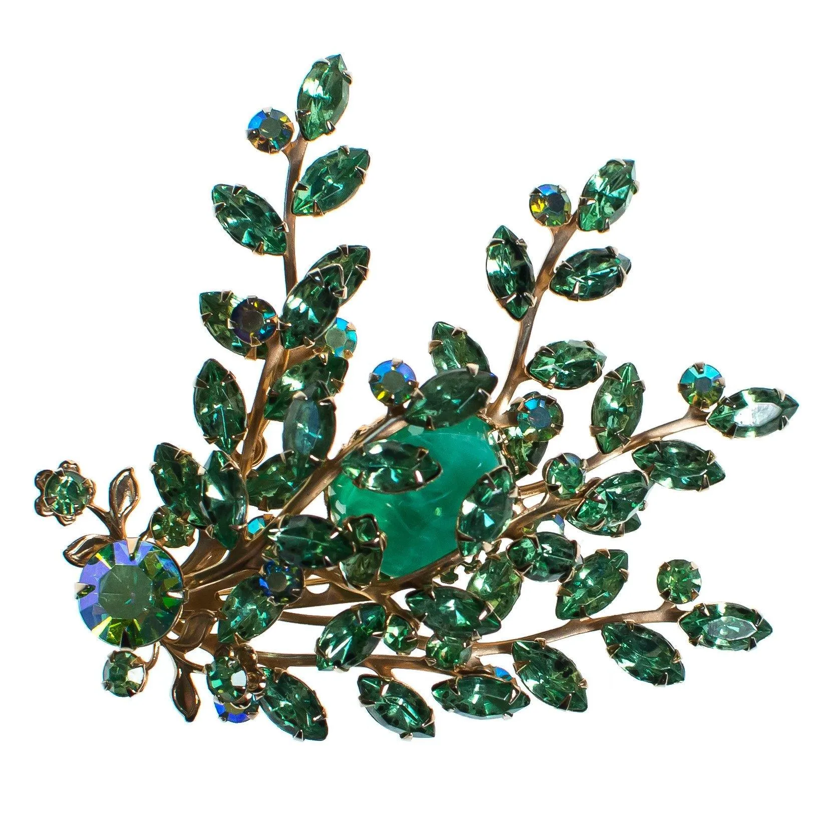 Vintage Light Green Rhinestone and Molted Green Art Glass Cabochon Spray Style Brooch