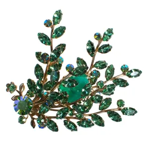 Vintage Light Green Rhinestone and Molted Green Art Glass Cabochon Spray Style Brooch