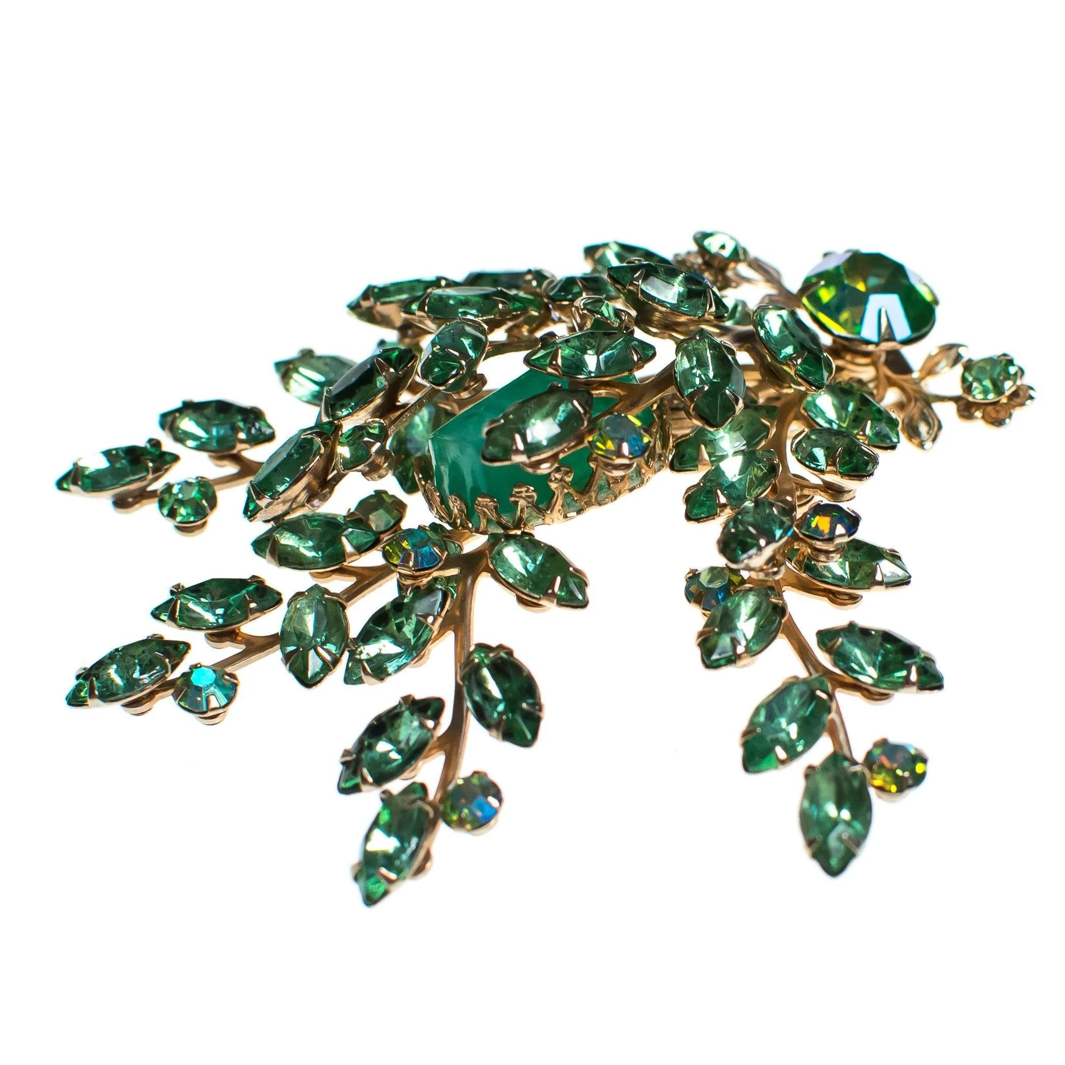Vintage Light Green Rhinestone and Molted Green Art Glass Cabochon Spray Style Brooch