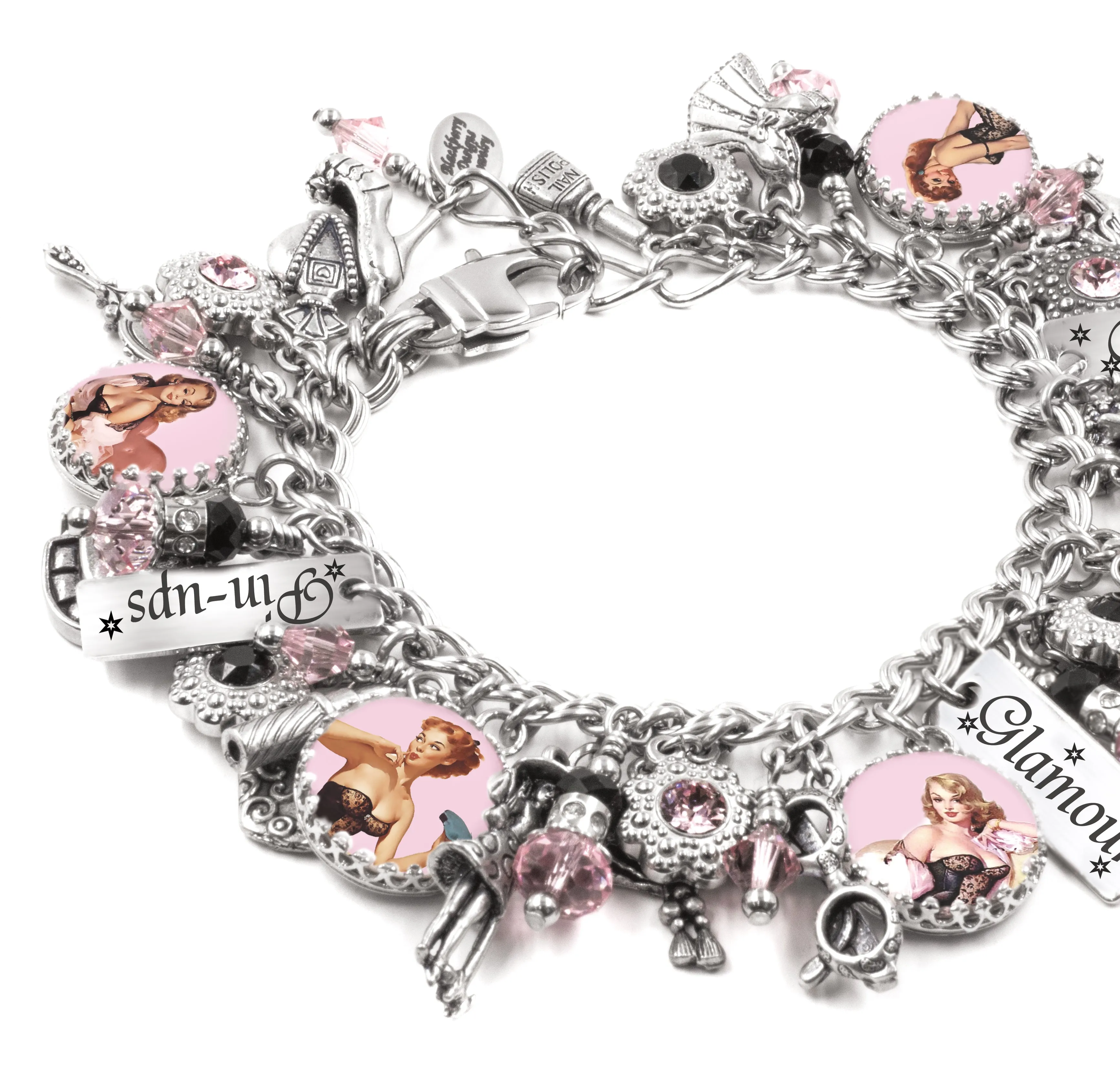 Vintage Pinups Charm Bracelet Pink and Black
