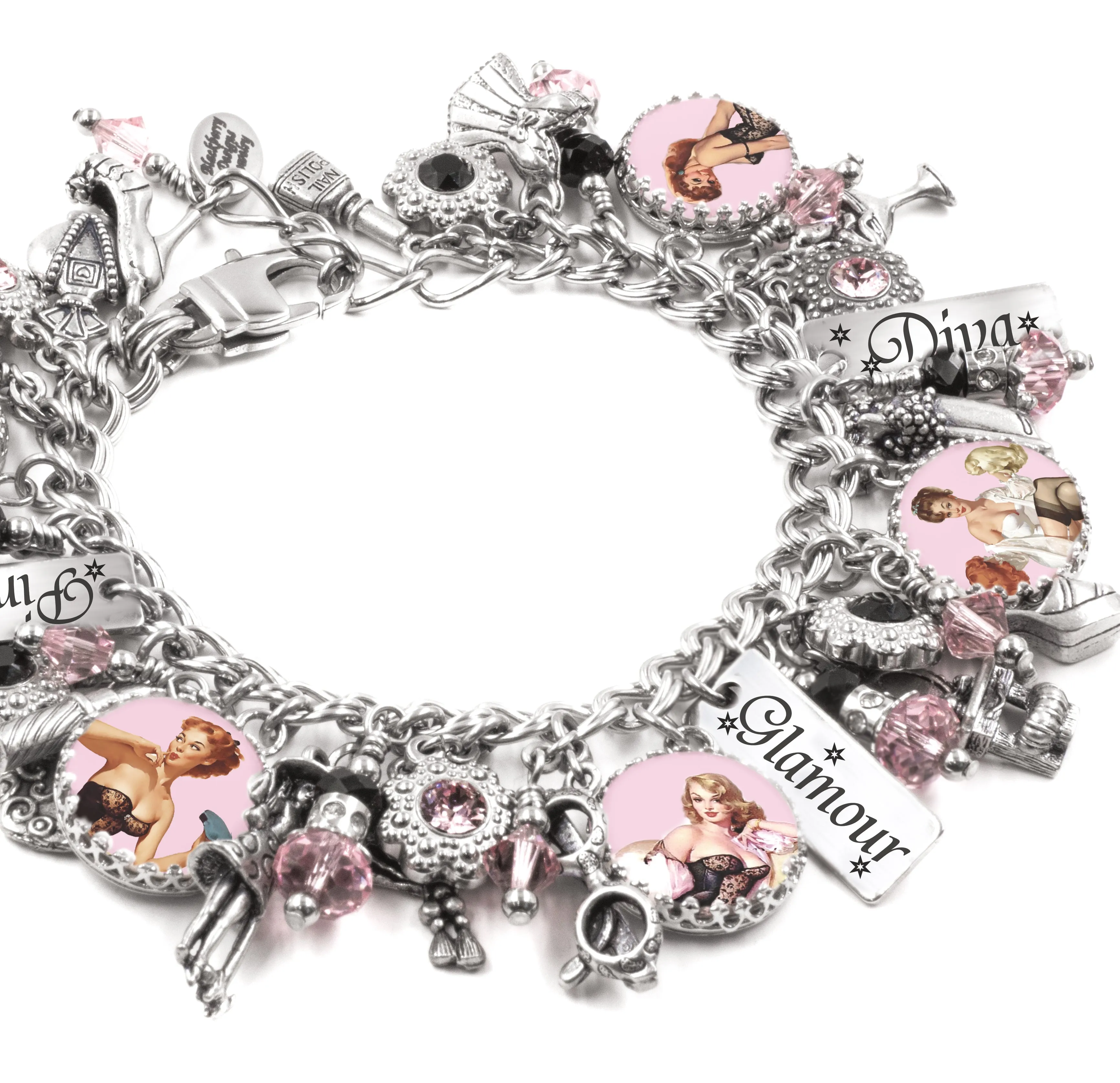 Vintage Pinups Charm Bracelet Pink and Black