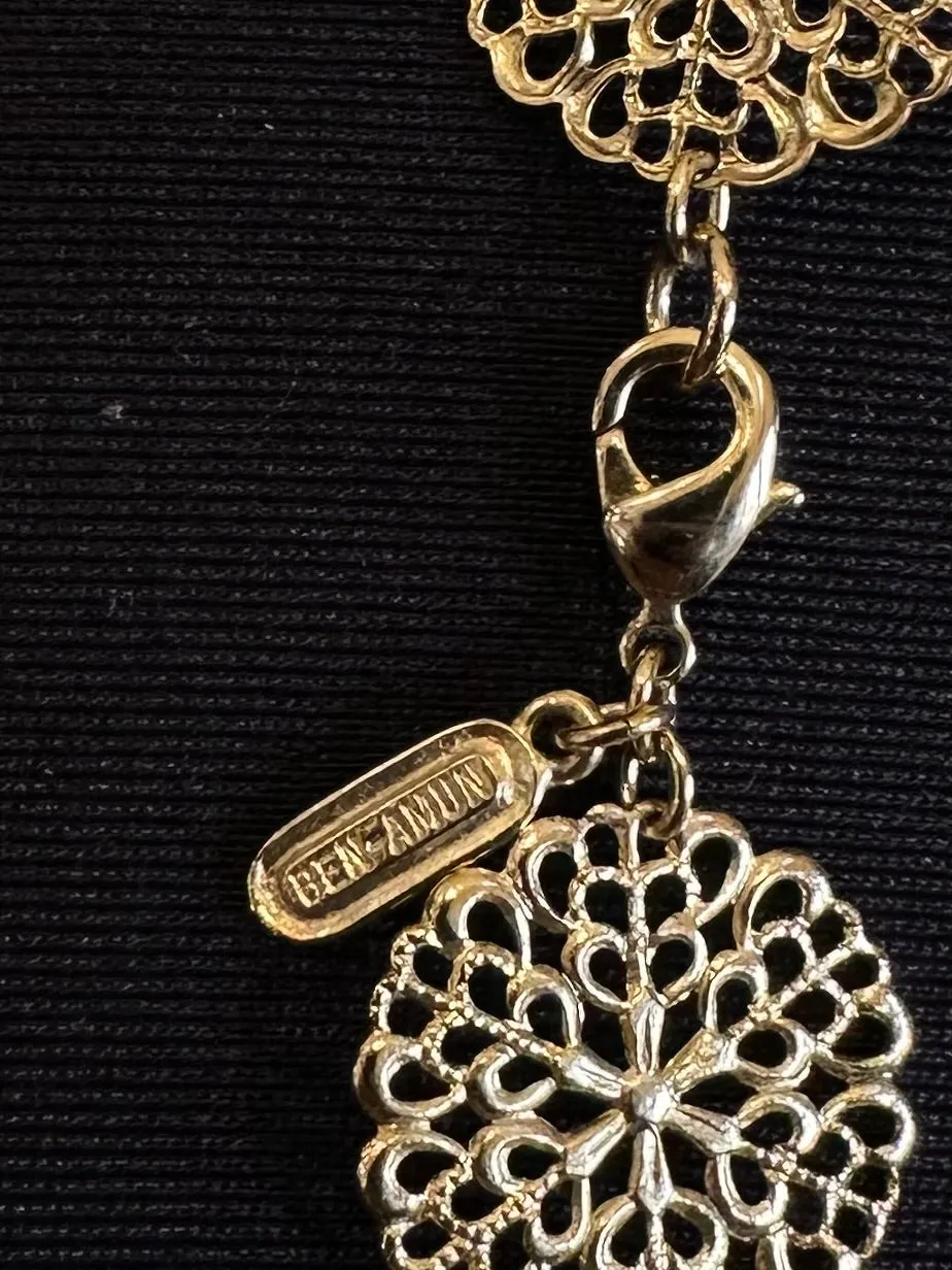 Vintage Signed BEN AMUN by Isaac Manevitz Gold Tone Filigree Floral Circle Chain Necklace 36.75”