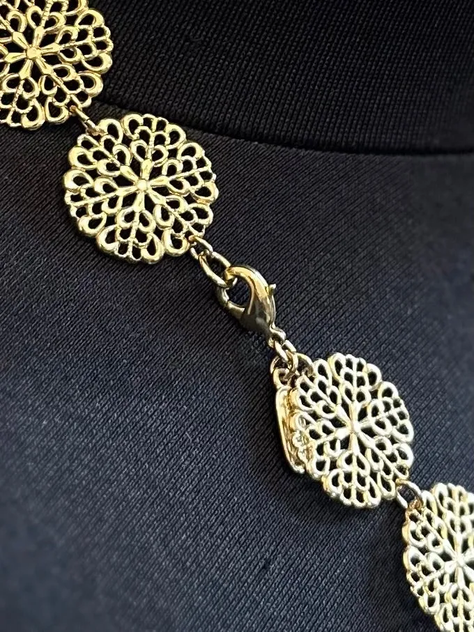 Vintage Signed BEN AMUN by Isaac Manevitz Gold Tone Filigree Floral Circle Chain Necklace 36.75”