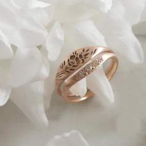 Vintage style rose gold Flora wedding ring set