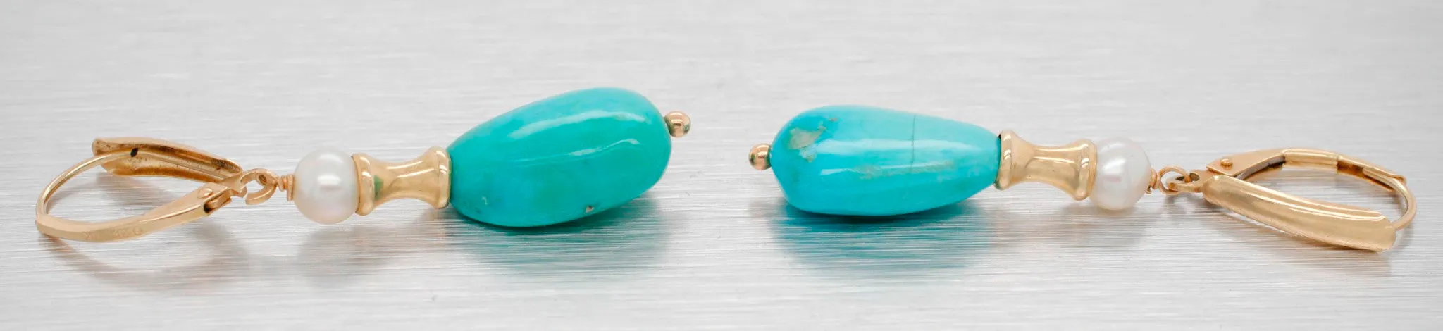Vintage Turquoise Drop Dangle Earrings w/ Pearl Accents - 14k Yellow Gold