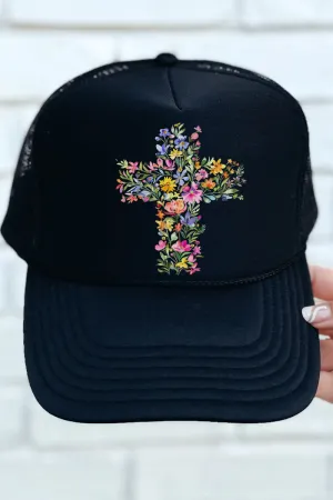 Watercolor Floral Cross Otto Black Foam Front Trucker Hat