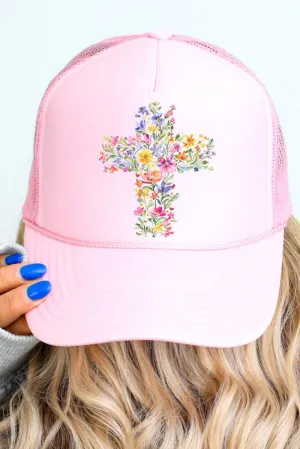 Watercolor Floral Cross Otto Soft Pink Foam Front Trucker Hat