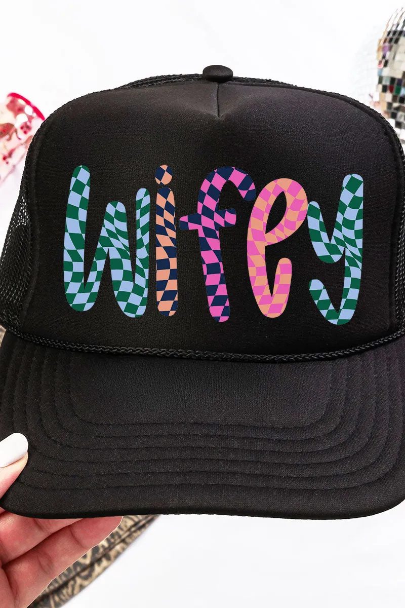 Wavy Checkered Wifey Otto Black Foam Front Trucker Hat