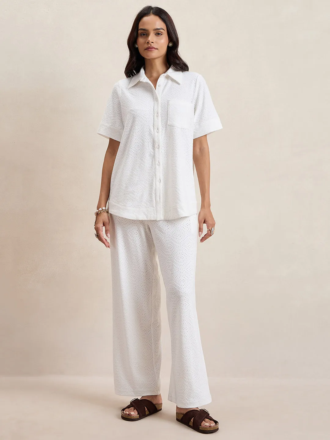 White Knitted Schiffli Button Down Shirt