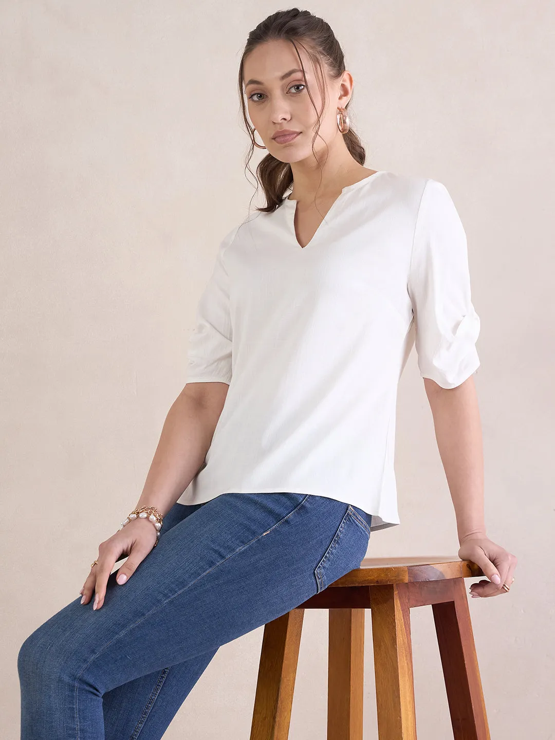 White Twist Detail Sleeve Top