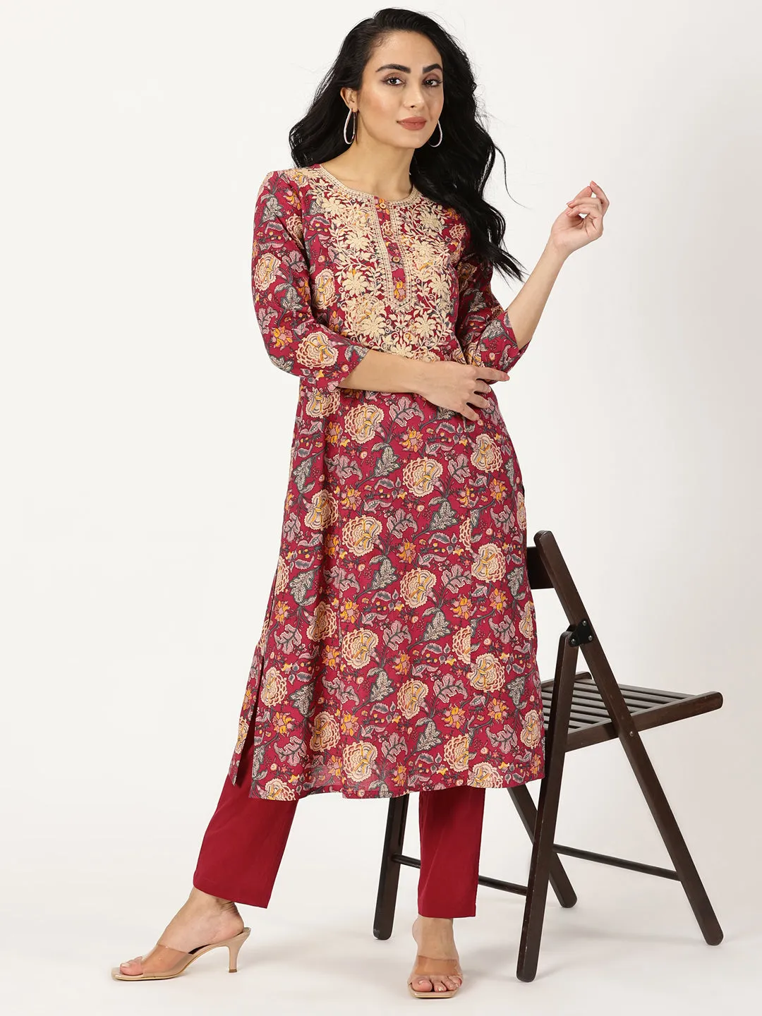 Wine Ethnic Floral Print Kurta with Yoke Embroidery